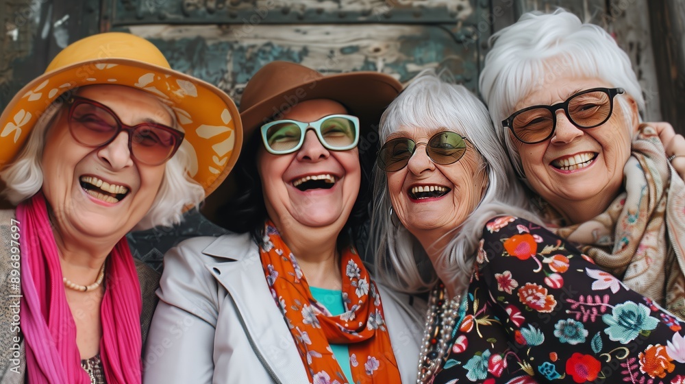 Four elderly women wearing colorful outfits and hats joyfully smile and pose together, showcasing friendship and happiness. Four elderly women wearing colorful outfits and hats joyfully smile and pose together, showcasing friendship and happiness.