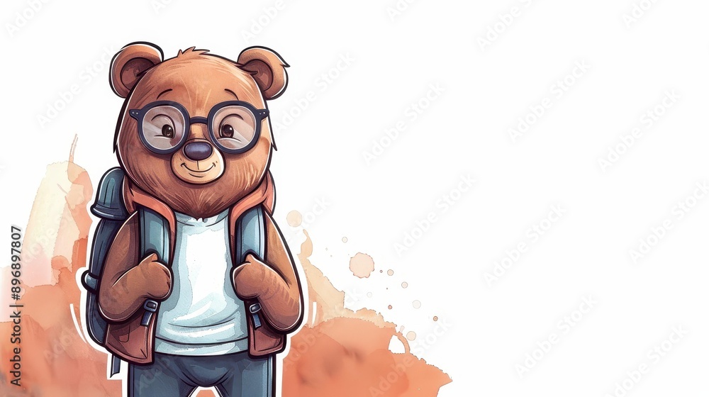 A whimsical bear dons glasses and a backpack, rendered in vibrant watercolor, exuding charm and playful mischief. A whimsical bear dons glasses and a backpack, rendered in vibrant watercolor, exuding charm and playful mischief.