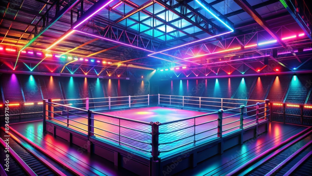 Dimly lit arena surrounds a vacant, steel barred, rectangular fighting enclosure beneath a kaleidoscope of vibrant, electric neon lights. Dimly lit arena surrounds a vacant, steel barred, rectangular fighting enclosure beneath a kaleidoscope of vibrant, electric neon lights.