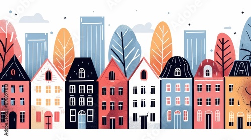 A charming handdrawn banner depicting a cozy village scene, perfect for childrens illustrations with a wholesome vibe.