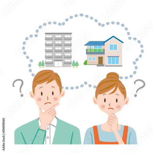 	一軒家とマンション　購入か賃貸か迷う夫婦のイラスト