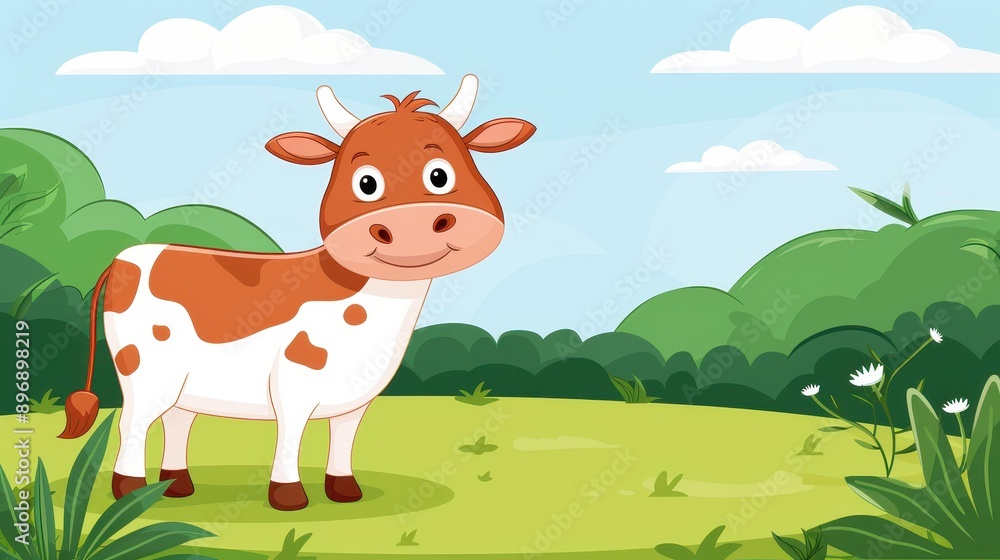 A charming cartoon cow frolics in a vibrant green field, surrounded by flowers and sunshine. Perfect for childrens art A charming cartoon cow frolics in a vibrant green field, surrounded by flowers and sunshine. Perfect for childrens art