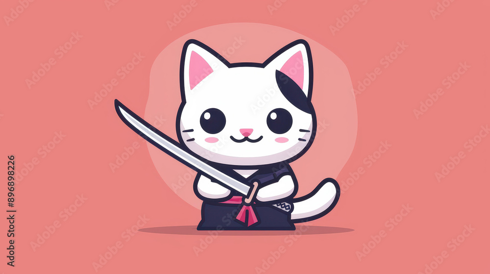 Adorable cat mascot dressed in traditional Japanese samurai attire, set against a minimalistic background. Adorable cat mascot dressed in traditional Japanese samurai attire, set against a minimalistic background.