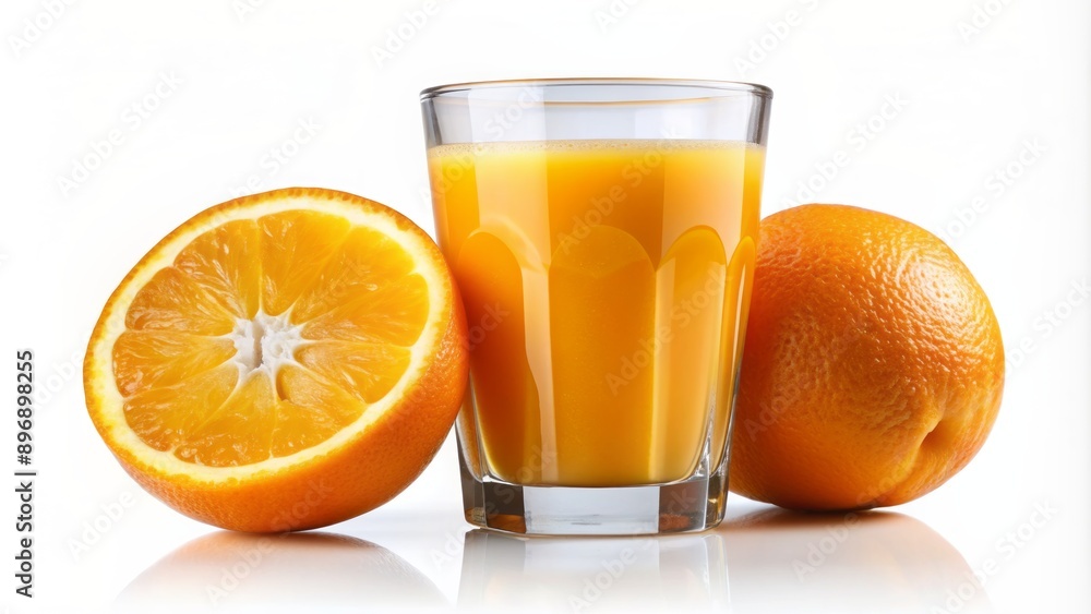 Freshly squeezed vibrant orange juice in a sleek glass, garnished with a slice, against a isolated transparent background. Freshly squeezed vibrant orange juice in a sleek glass, garnished with a slice, against a isolated transparent background.