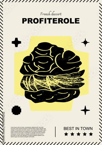 French profiterole. Price tag or poster design. Set of vector illustrations. Typography. Engraving style. Labels, cover, t-shirt print, painting.	