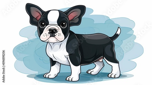 Adorable Boston Terrier puppy illustration, perfect for pet lovers, capturing youthful charm on a clean white backdrop. photo