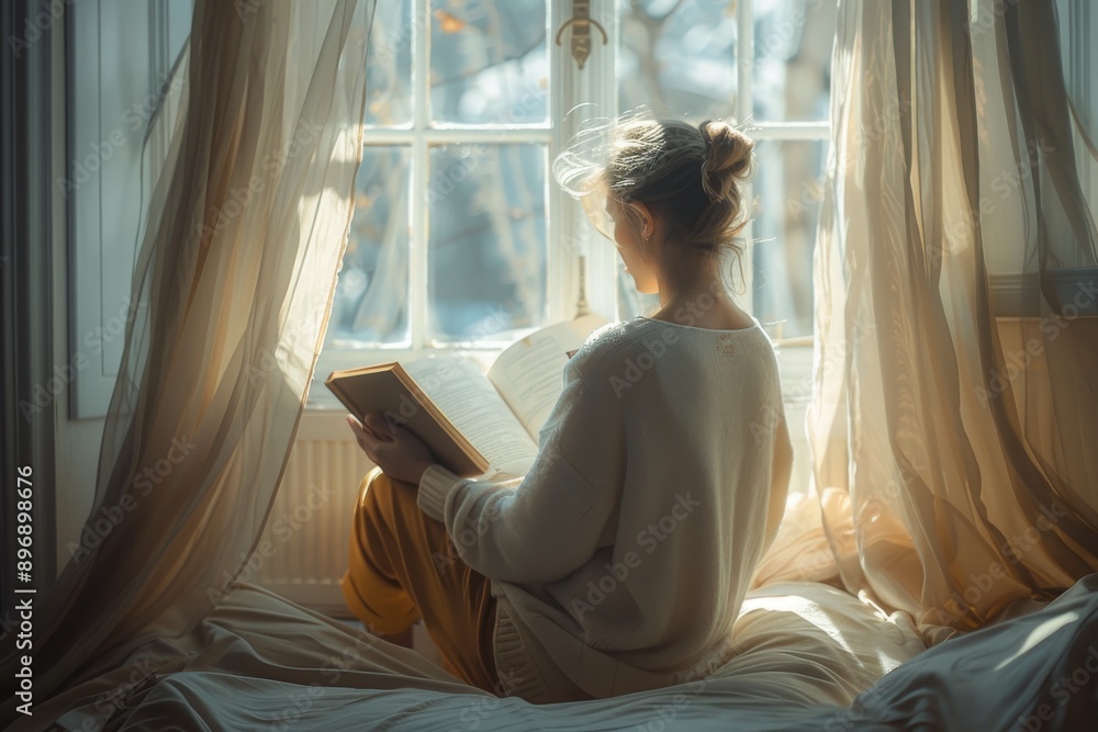 A woman relaxing by a sunny window, reading a book A woman relaxing by a sunny window, reading a book