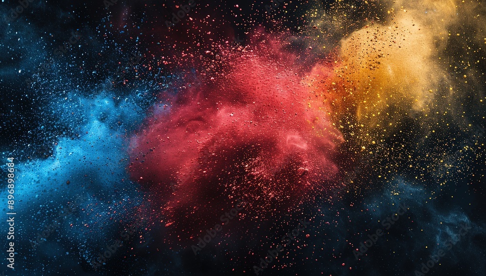 Vibrant Red, Blue, and Yellow Powder Explosion on Black Background. Abstract Colorful Dust Splash in Space with Bright Exploding Particles. Digital Art Texture of Color Chalk Paint Splatter. Vibrant Red, Blue, and Yellow Powder Explosion on Black Background. Abstract Colorful Dust Splash in Space with Bright Exploding Particles. Digital Art Texture of Color Chalk Paint Splatter.
