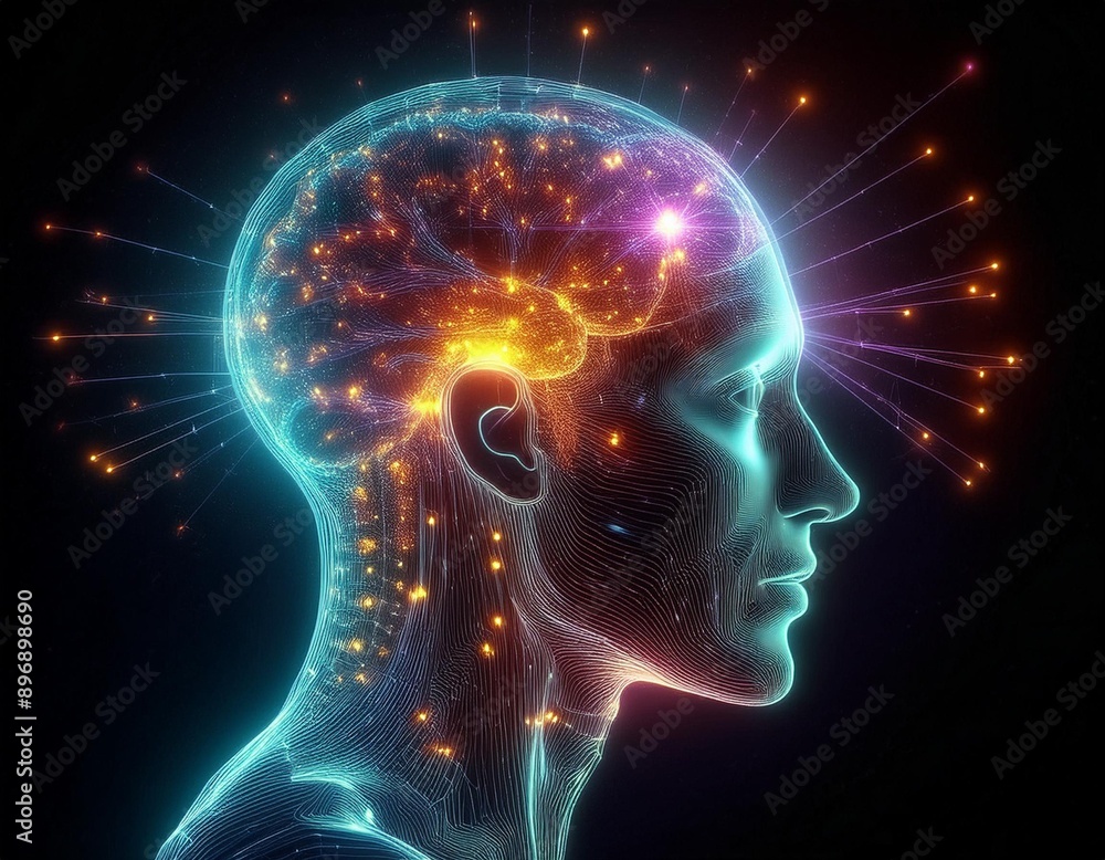 the brain, Mind Matrix: A Holographic Human Head Displaying a Luminous Brain the brain, Mind Matrix: A Holographic Human Head Displaying a Luminous Brain