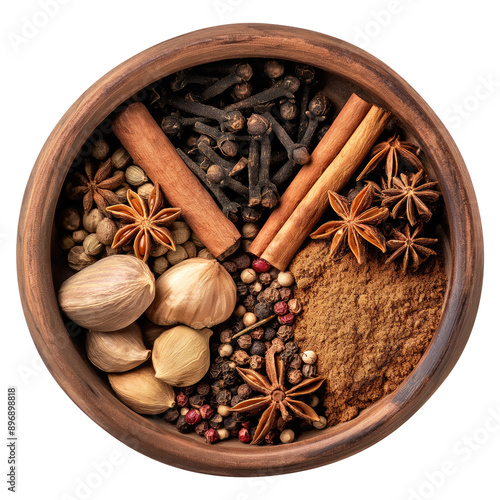 Top view of garam masala spices in an earthen pot isolated on transparent white background, clipping path photo