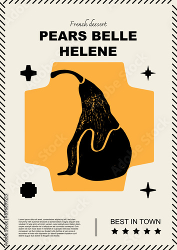 French pears belle helene. Price tag or poster design. Set of vector illustrations. Typography. Engraving style. Labels, cover, t-shirt print, painting.	