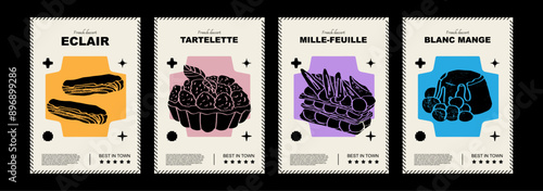 French eclair, tartelette, mille-feuille, blanc mange. Price tag or poster design. Set of vector illustrations. Typography. Engraving style. Labels, cover, t-shirt print, painting.	