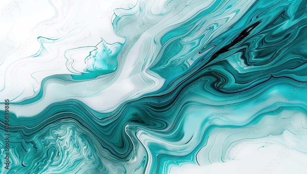 Teal and White Swirls in Fluid Acrylic Painting. Abstract Organic Shapes and Fluid Lines on White Background. Dynamic and Artistic Expression of Color and Movement. Teal and White Swirls in Fluid Acrylic Painting. Abstract Organic Shapes and Fluid Lines on White Background. Dynamic and Artistic Expression of Color and Movement.