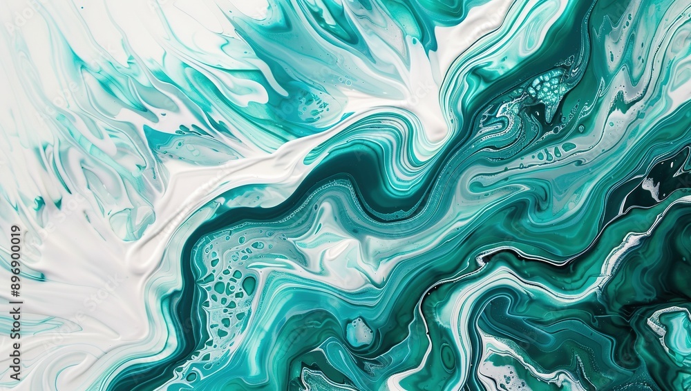 Obraz premium Teal and White Swirls in Fluid Acrylic Painting. Abstract Organic Shapes and Fluid Lines on White Background. Dynamic and Artistic Expression of Color and Movement.
