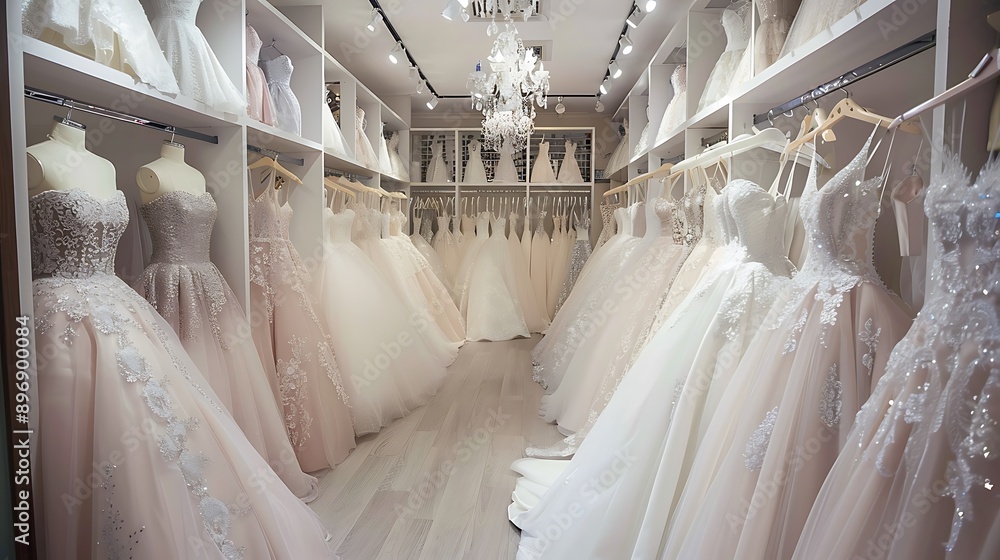 Many beautiful wedding dresses hang in the store Many beautiful wedding dresses hang in the store