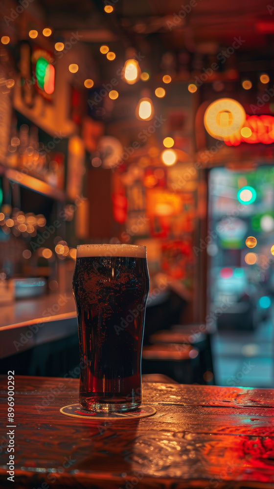 A glass of dark beer on a wooden table in a cozy pub, with warm, ambient lighting and a welcoming atmosphere. A glass of dark beer on a wooden table in a cozy pub, with warm, ambient lighting and a welcoming atmosphere.