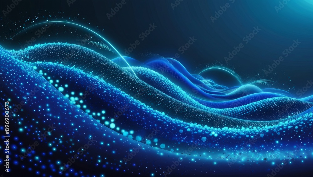 Obraz premium Digital abstract art depicting blue waves with dots, creating a sense of depth and movement in a futuristic design.