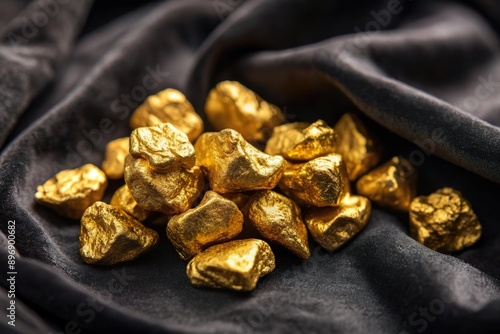 raw gold nugget rock ore pile on silk cloth photo