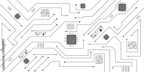 Vector Technology connected black and white lines with electronics elements on tech bg. Circuit connected lines and dots on abstract motherboard.