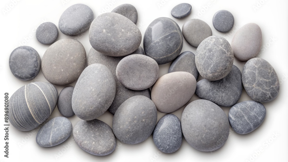 Rounded gray stones of varying sizes scattered on a white background, isolated on a transparent PNG file for cutout. Rounded gray stones of varying sizes scattered on a white background, isolated on a transparent PNG file for cutout.