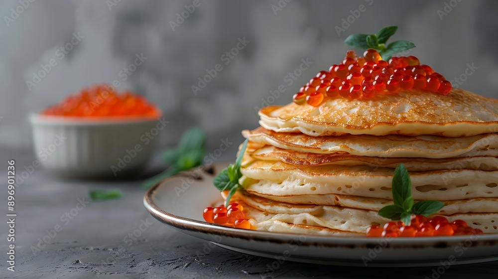 Pancakes with red caviar on grey background Pancakes with red caviar on grey background