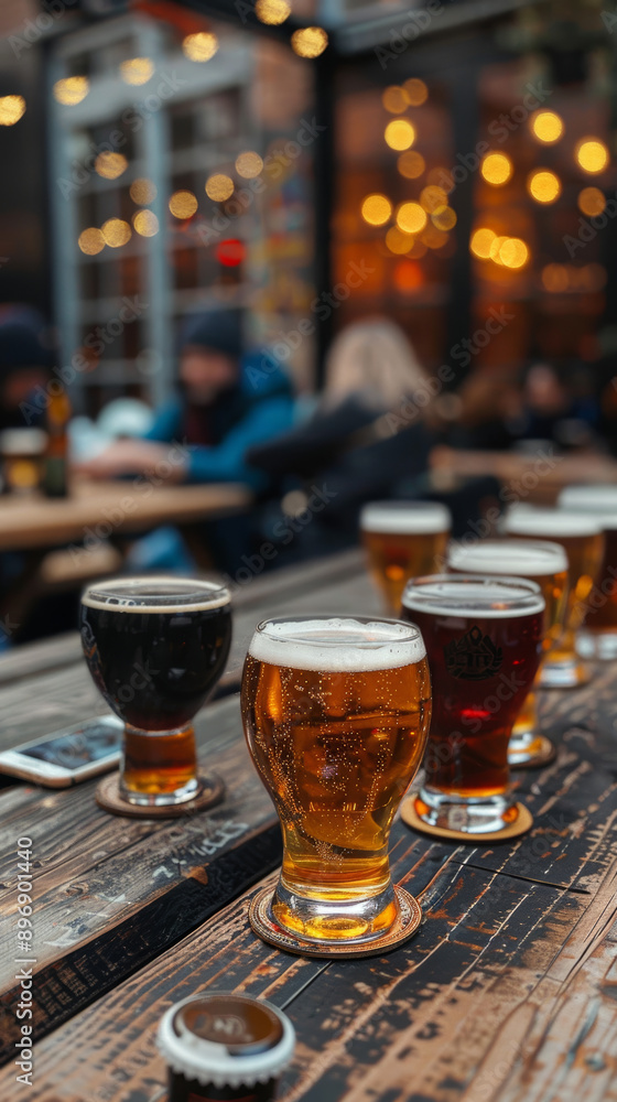 Various craft beers in glasses on a wooden outdoor pub table, with people enjoying their drinks and warm lighting in the background. Various craft beers in glasses on a wooden outdoor pub table, with people enjoying their drinks and warm lighting in the background.