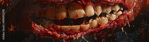 A haunting close-up of an unsettling mouth, showcasing exposed teeth and blood, evoking visceral emotions and curiosity. photo