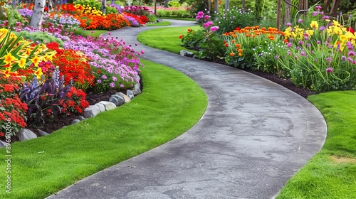 Curved concrete path through a landscaped garden with wellkept grass and vibrant flower borders