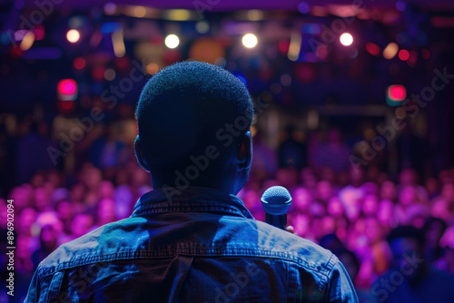 View from the back of African American perfomer comedian singer at stand up show performance. Male artist performing on stage in front of a full hall of people crowd photo