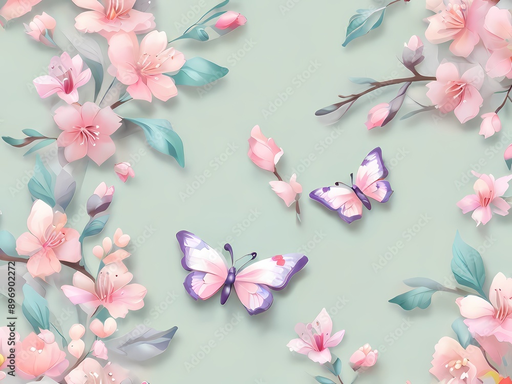 Create a pattern with spring blossoms and butterflies in soft pastel colors. Create a pattern with spring blossoms and butterflies in soft pastel colors.