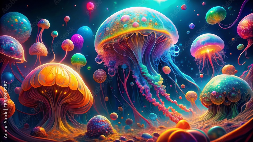 Vibrant, surreal illustration of glowing, otherworldly organisms suspended in a swirling, neon-lit liquid, evoking a sense of unease and wonder. Vibrant, surreal illustration of glowing, otherworldly organisms suspended in a swirling, neon-lit liquid, evoking a sense of unease and wonder.