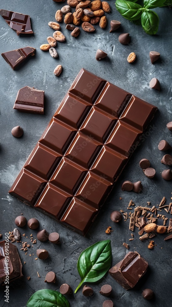 Classic Solid Milk Chocolate Bar on Rustic Surface With Scattered Chocolate Chunks Classic Solid Milk Chocolate Bar on Rustic Surface With Scattered Chocolate Chunks