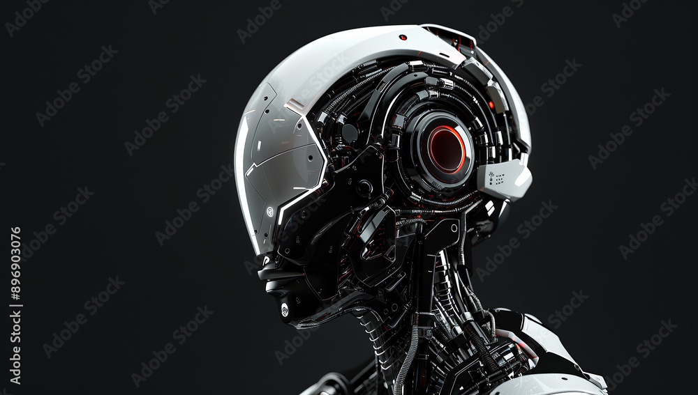 3D render of a female robot from the waist up with intricate details and visible wires on a black background 3D render of a female robot from the waist up with intricate details and visible wires on a black background