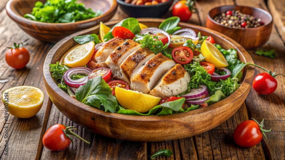 Freshly prepared chicken salad with grilled lemon herb seasoned chicken, mixed greens, and vegetables in a rustic wooden bowl on table. Freshly prepared chicken salad with grilled lemon herb seasoned chicken, mixed greens, and vegetables in a rustic wooden bowl on table.
