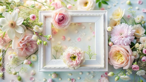Delicate pastel flowers sprinkled around a white frame with soft focus, gentle hues, and subtle texture, exuding serene elegance.