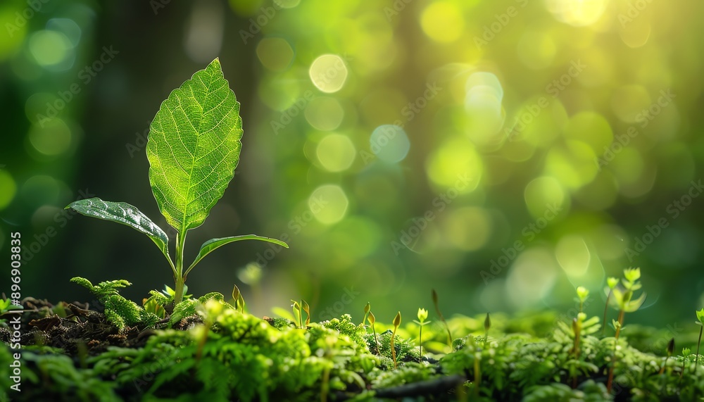 Green leaf with sunlight, bokeh background, new sprout on mossy ground in spring forest, World Wildlife Day banner Green leaf with sunlight, bokeh background, new sprout on mossy ground in spring forest, World Wildlife Day banner
