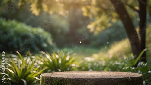 Empty wooden table in the forest. Mock up for display of product. photo