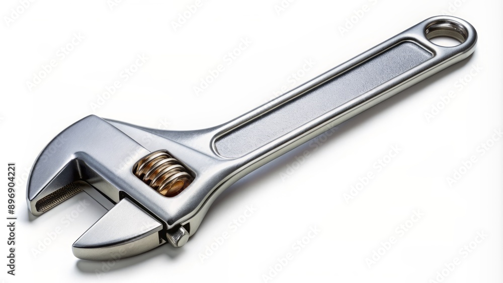 Metallic adjustable wrench with ergonomic handle and movable jaw lies isolated on a pristine white background with clipping path included. Metallic adjustable wrench with ergonomic handle and movable jaw lies isolated on a pristine white background with clipping path included.