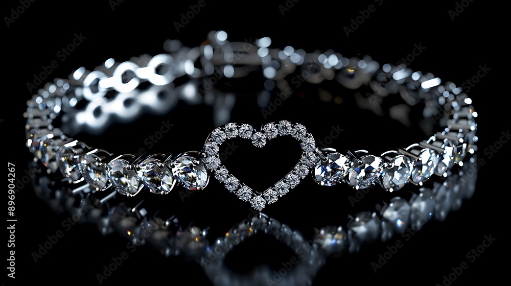 Obraz premium Sparkling heart shaped diamond bracelet isolated on a black background with clipping path