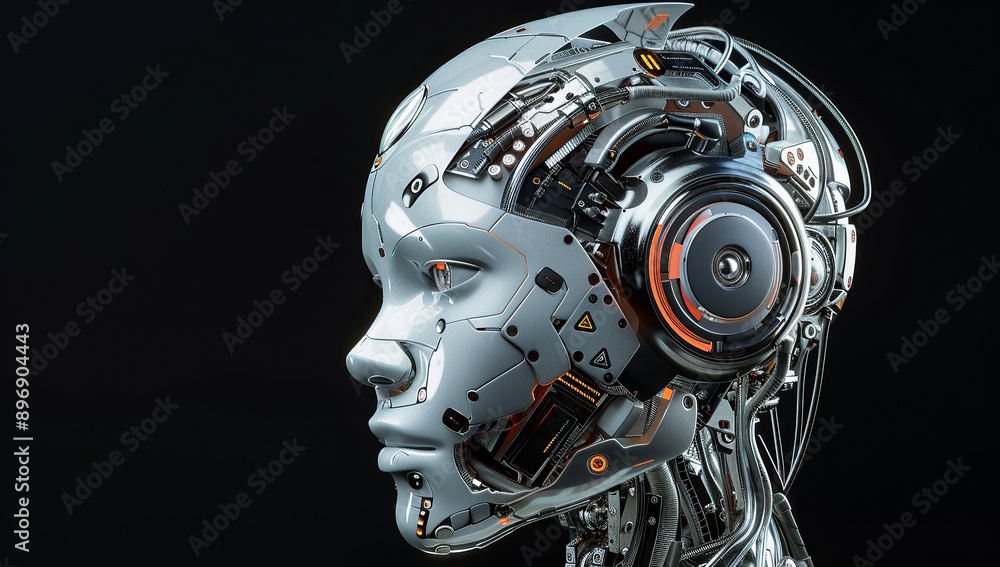 3D render of a female robot head with visible circuitry and wires, isolated on a black background 3D render of a female robot head with visible circuitry and wires, isolated on a black background
