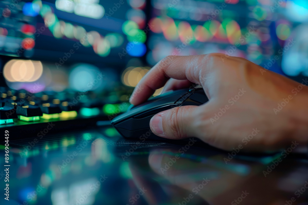 A close-up of a trader's hand using a mouse to navigate financial software on a computer screen. A close-up of a trader's hand using a mouse to navigate financial software on a computer screen.