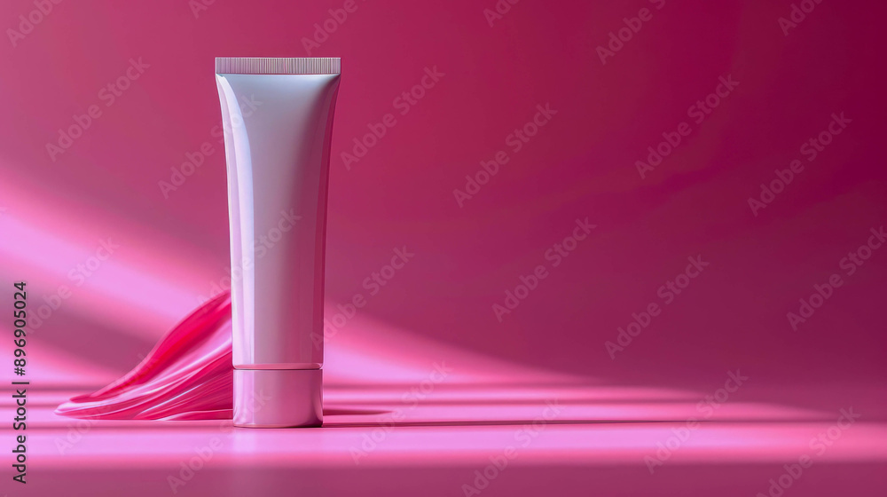 A pink skincare product tube with cream on a pink background. Concept of beauty and skincare products A pink skincare product tube with cream on a pink background. Concept of beauty and skincare products