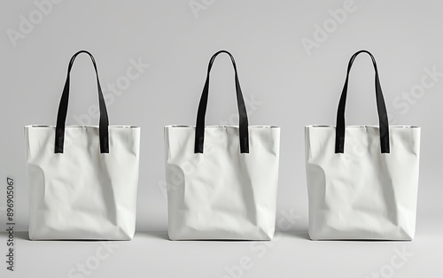 Unique artistinspired tote bags Front view mockups of blank white canvas bags with black handles, plain background, displaying different artistic interpretations