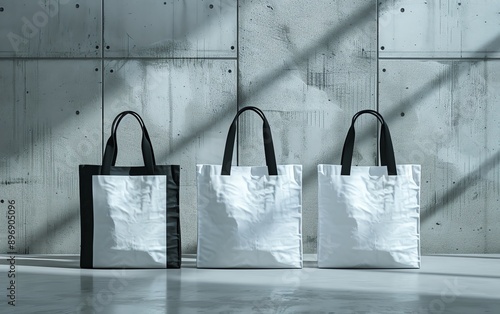 Unique artistinspired tote bags Front view mockups of blank white canvas bags with black handles, plain background, displaying different artistic interpretations photo