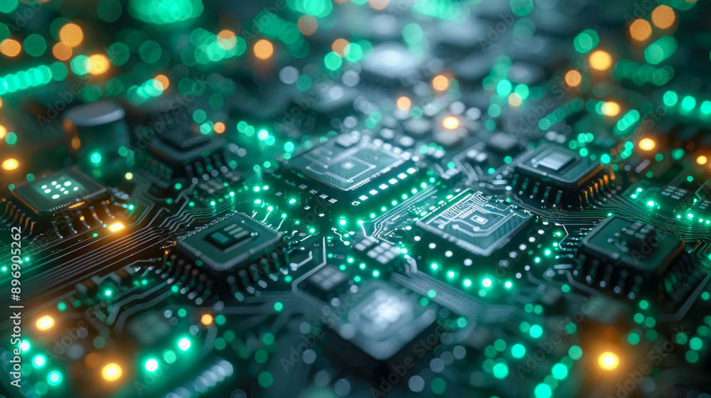 Close-up of a futuristic circuit board glowing with green and blue lights Close-up of a futuristic circuit board glowing with green and blue lights