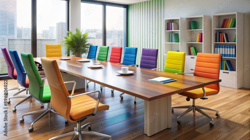 Modern conference table with two empty chairs, rainbow-colored folders, and inclusive company literature displayed in a bright, neutral-colored room. Modern conference table with two empty chairs, rainbow-colored folders, and inclusive company literature displayed in a bright, neutral-colored room.