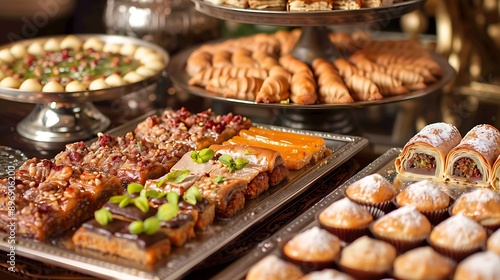 Various traditional delight baklava sweet desserts are displayed on a buffet tabl