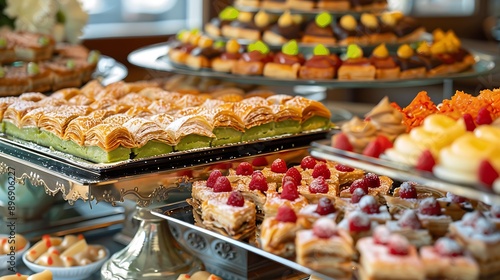 Various traditional delight baklava sweet desserts are displayed on a buffet tabl