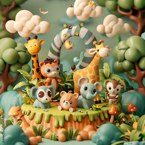 Cartoon Animals and Nature Scene