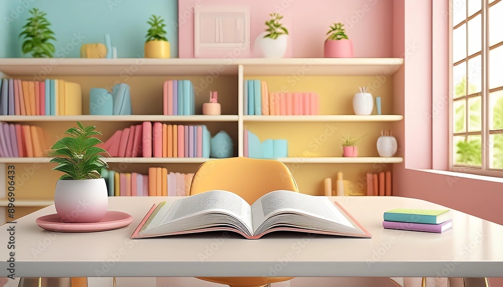 White table, a children's book on the desk and shelves, pastel color. White table, a children's book on the desk and shelves, pastel color.